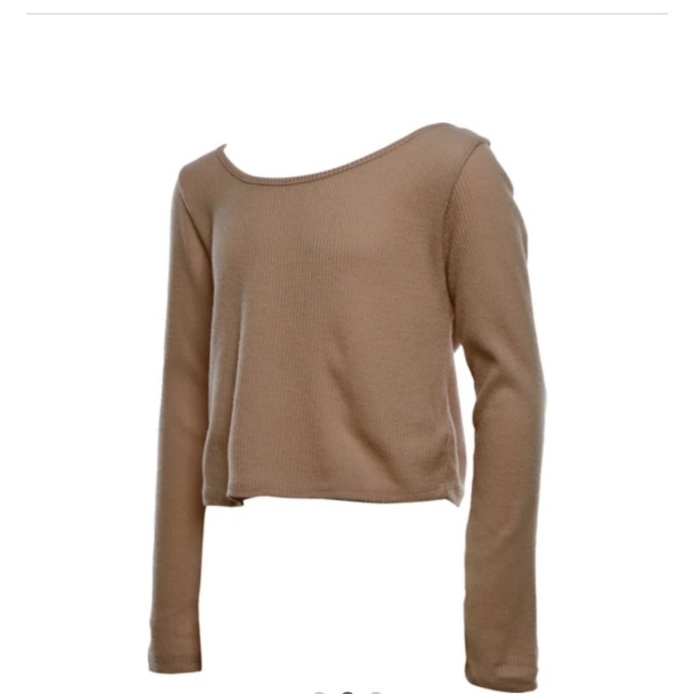 POOF GIRL long sleeve ribbed crop top Size M Warm Taupe soft stretchy tie back - Picture 11 of 12